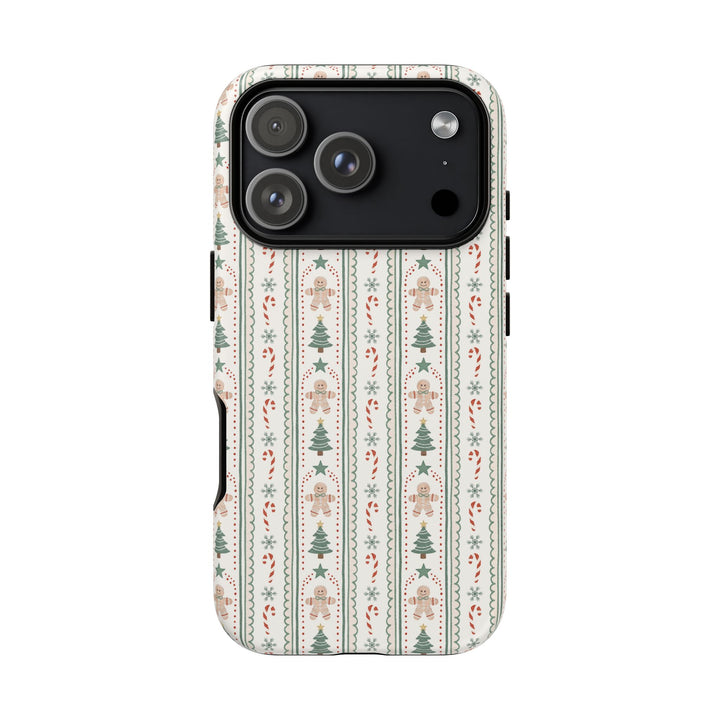 Gingerbread Stripe Tough iPhone Case, Sage Green Christmas Tree Holiday Phone Cover, Matte or Glossy