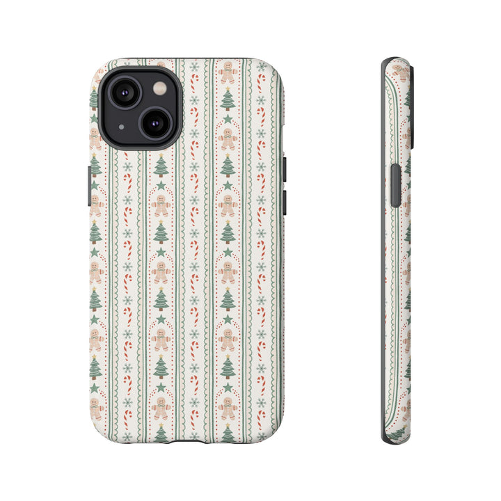 Gingerbread Stripe Tough iPhone Case, Sage Green Christmas Tree Holiday Phone Cover, Matte or Glossy