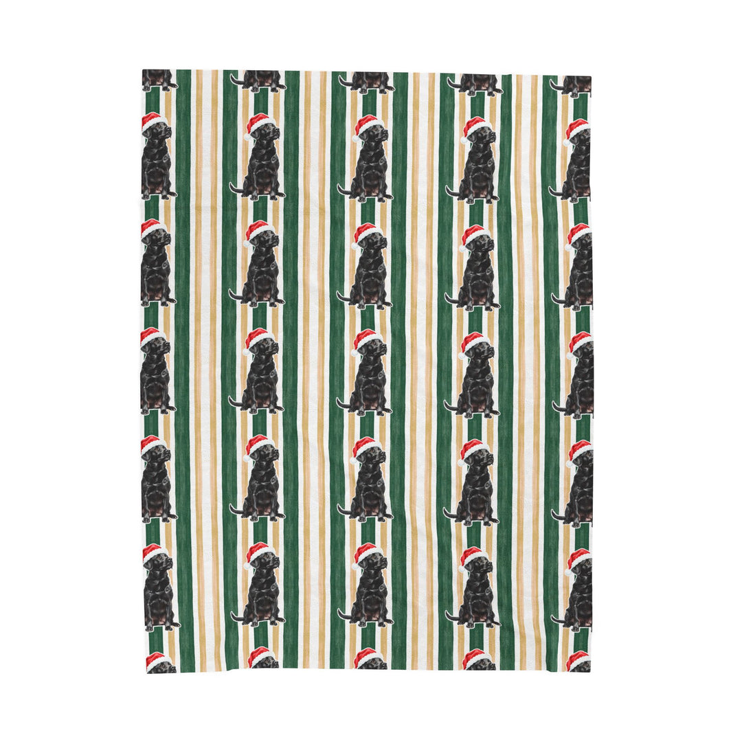 Black Labrador Christmas Velveteen Plush Blanket, Green Gold Stripes, Santa Dog Throw