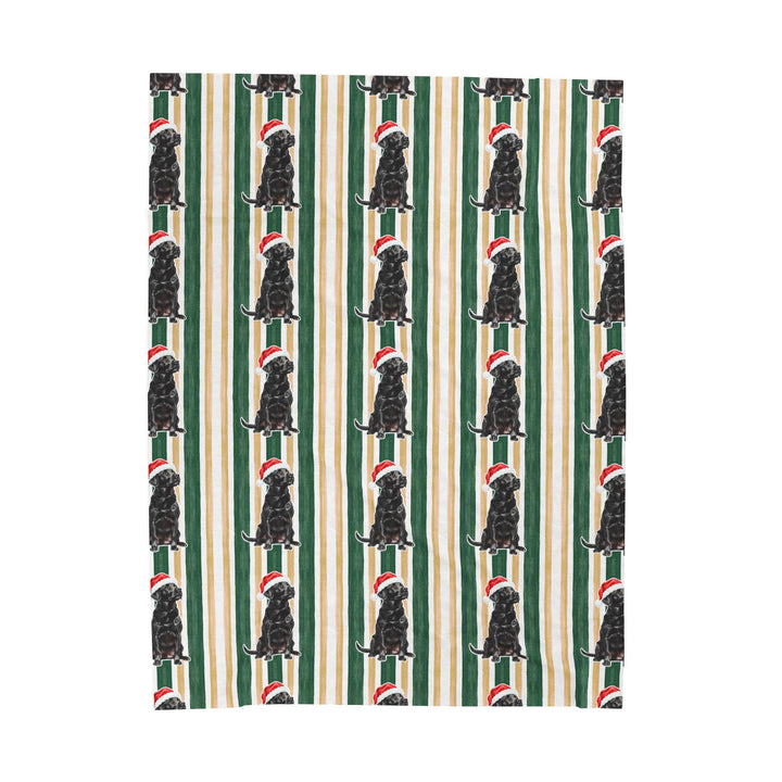 Black Labrador Christmas Velveteen Plush Blanket, Green Gold Stripes, Santa Dog Throw