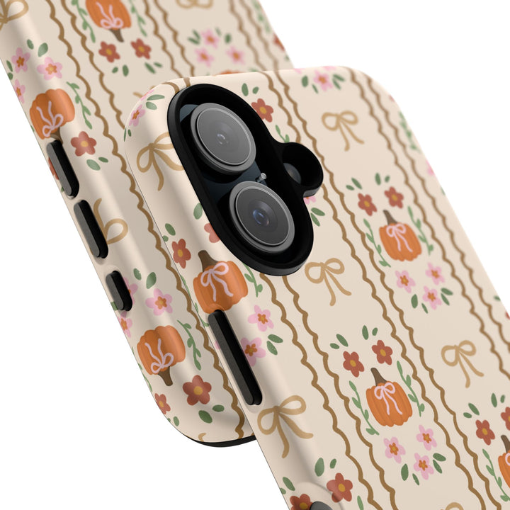 Girly Fall Pumpkin Bow Tough iPhone Case, Scalloped Floral Autumn Phone Cover, Matte or Glossy