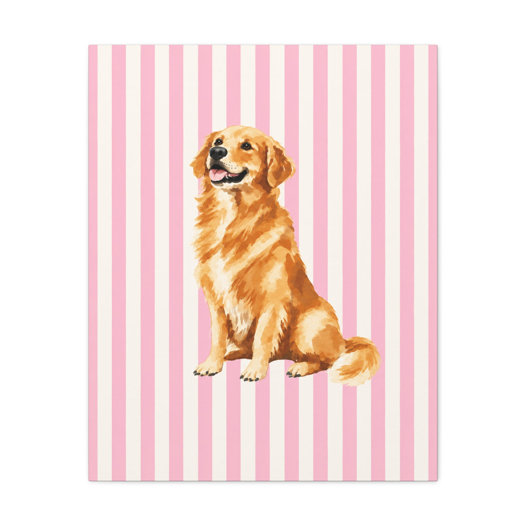 Golden Retriever Canvas Wall Art, Pink Stripe Stretched Canvas, Golden Retriever Mom Gift