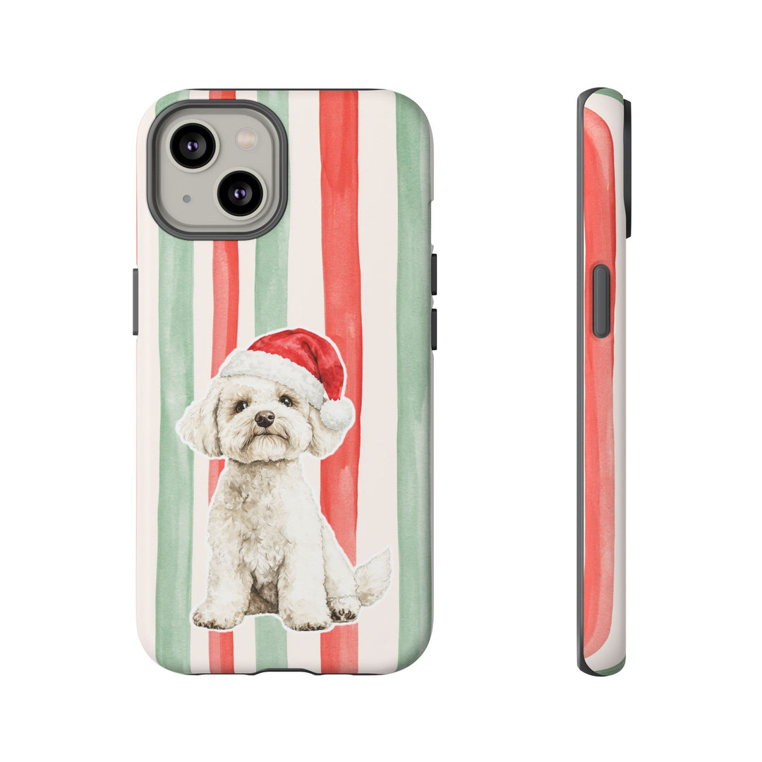 Maltese Christmas Tough iPhone Case, Red Sage Stripes, Santa Dog Phone Cover