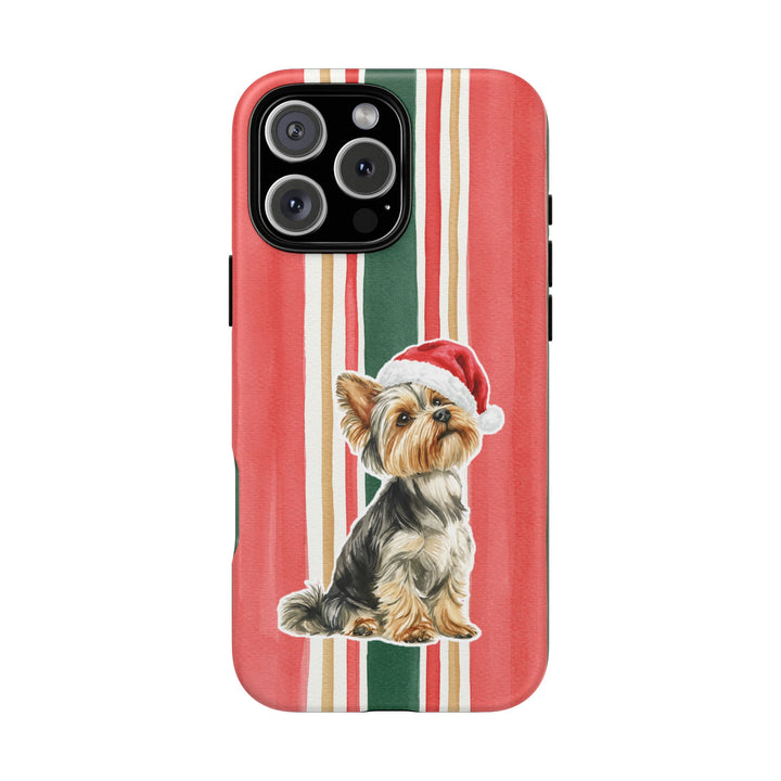 Yorkshire Terrier Christmas Tough iPhone Case, Classic Red Green Stripes, Santa Dog Phone Cover
