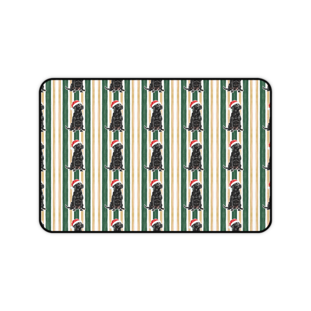 Black Labrador Christmas Desk Mat, Green Gold Stripes, Santa Dog Desk Pad