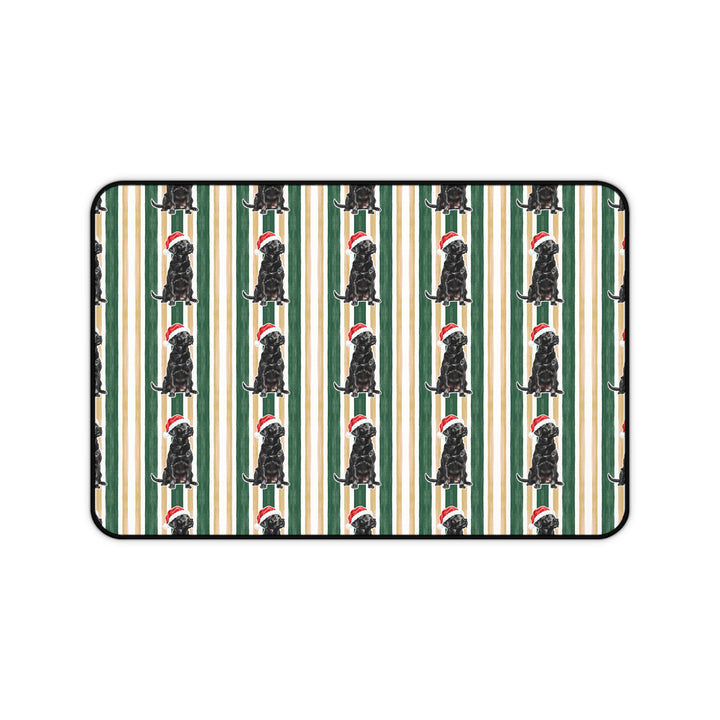 Black Labrador Christmas Desk Mat, Green Gold Stripes, Santa Dog Desk Pad