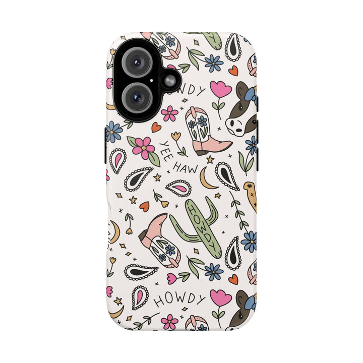 Western Cowgirl Tough iPhone Case, Pink Cowboy Boots and Howdy Phone Cover, Matte or Glossy