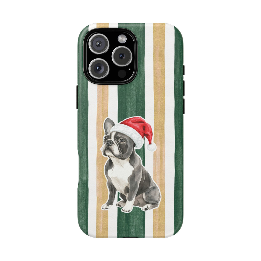 French Bulldog Christmas Tough iPhone Case, Green Gold Stripes, Santa Dog Phone Cover