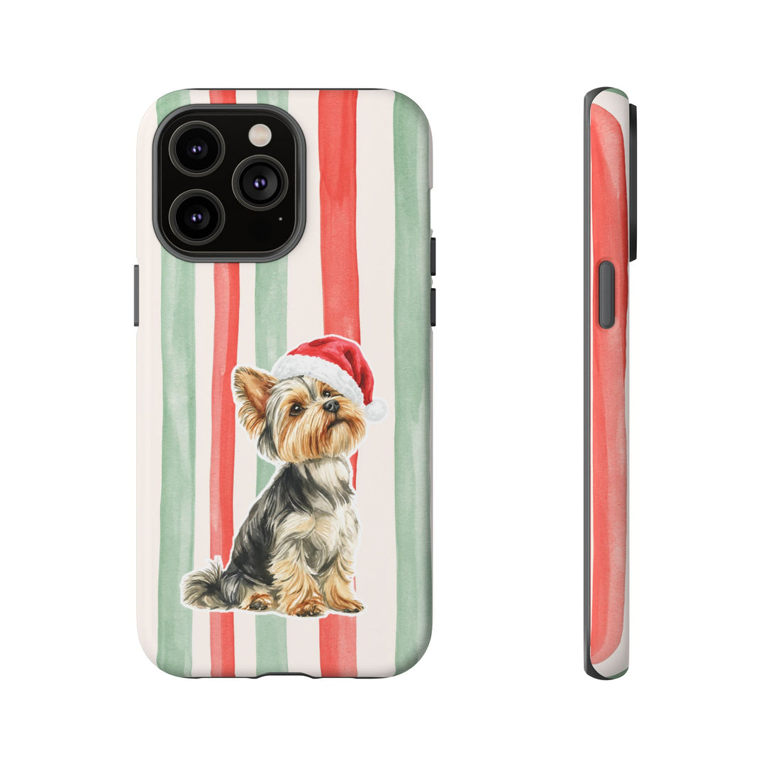 Yorkshire Terrier Christmas Tough iPhone Case, Red Sage Stripes, Santa Dog Phone Cover