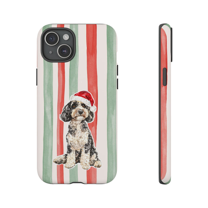 Doodle Christmas Tough iPhone Case, Red Sage Stripes, Santa Dog Phone Cover