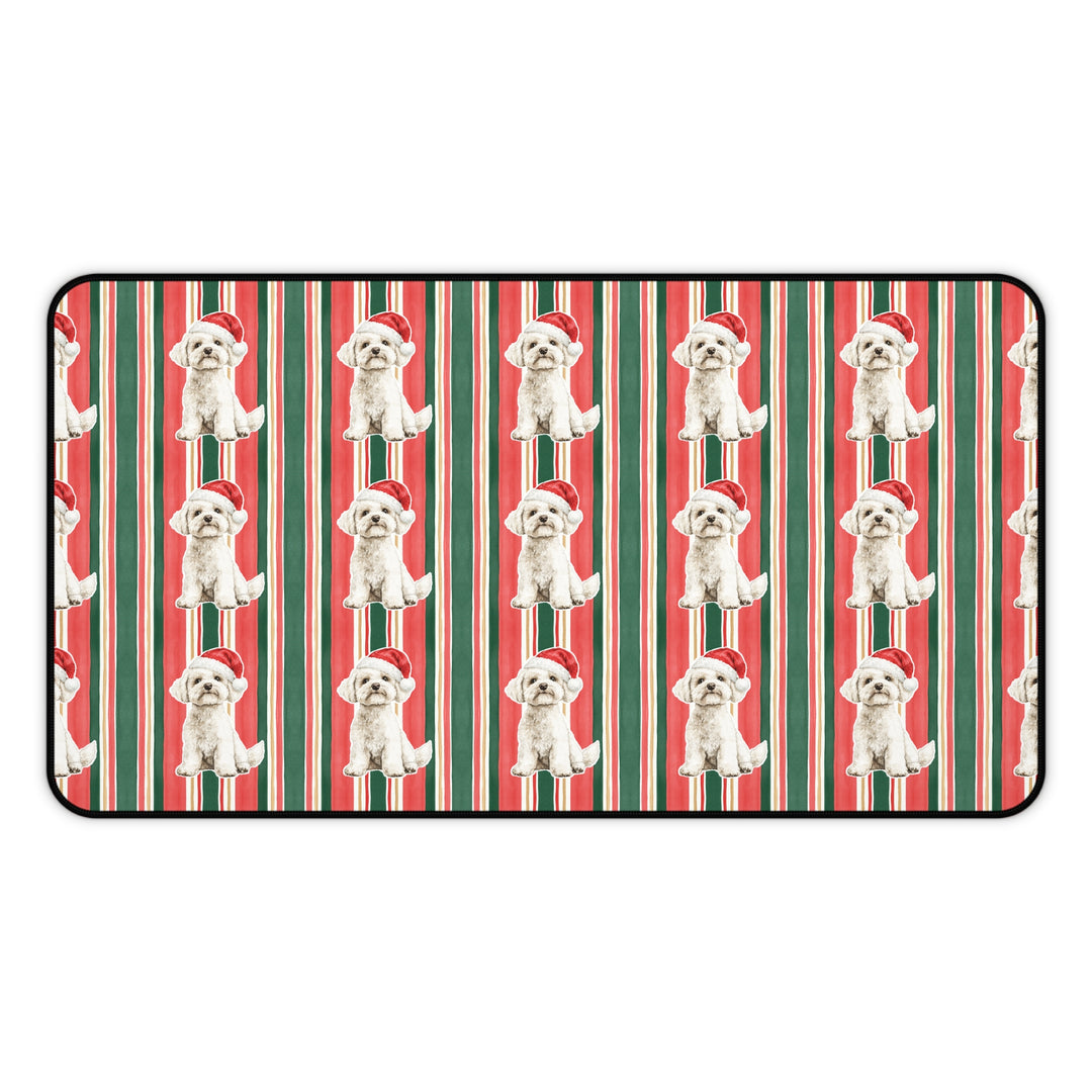 Maltese Christmas Desk Mat, Classic Red Green Stripes, Santa Dog Desk Pad