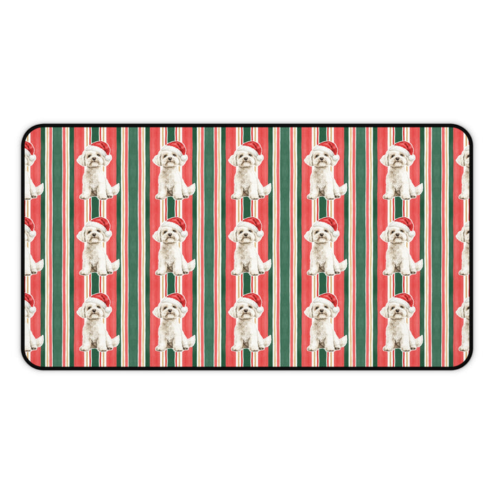Maltese Christmas Desk Mat, Classic Red Green Stripes, Santa Dog Desk Pad