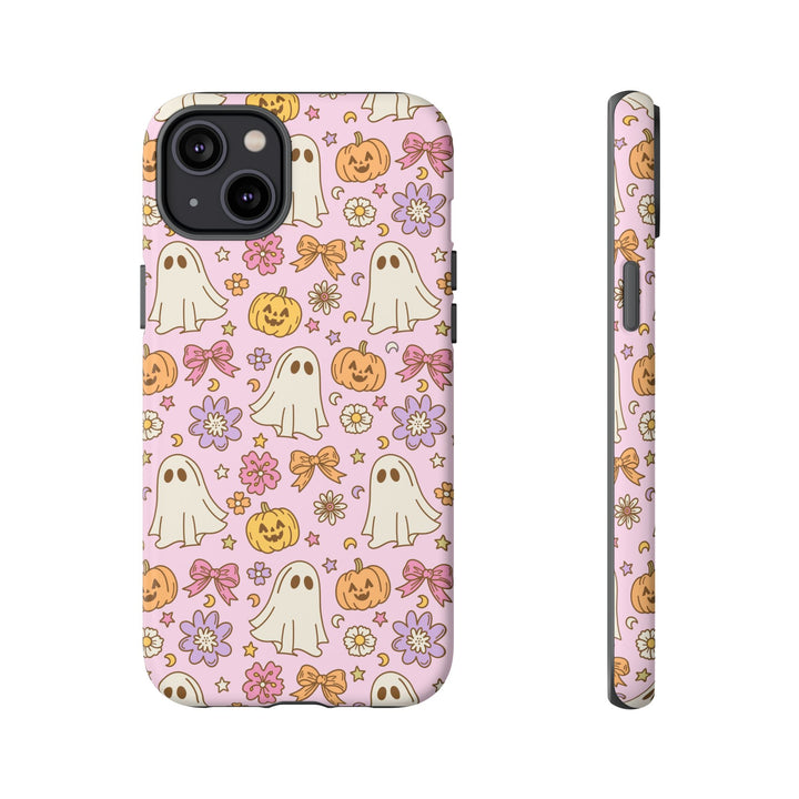 Vintage Ghost Floral Tough iPhone Case, Pink Halloween Pumpkin Bow Phone Cover, Matte or Glossy