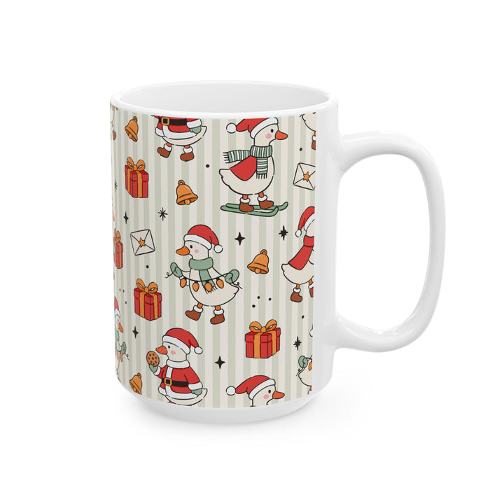 Christmas Goose Ceramic Mug, Cute Holiday Geese Coffee Cup, Sage Stripe Christmas Gift, 11oz and 15oz
