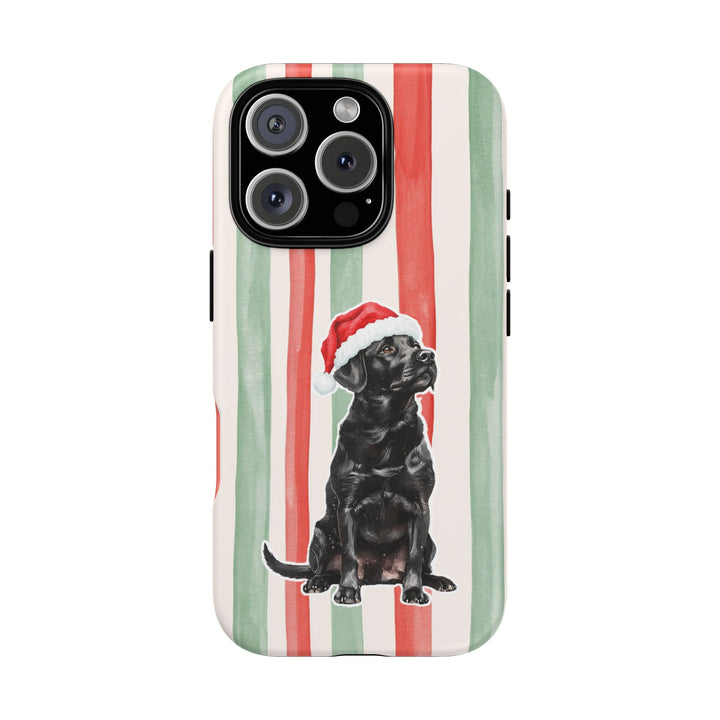 Black Labrador Christmas Tough iPhone Case, Red Sage Stripes, Santa Dog Phone Cover