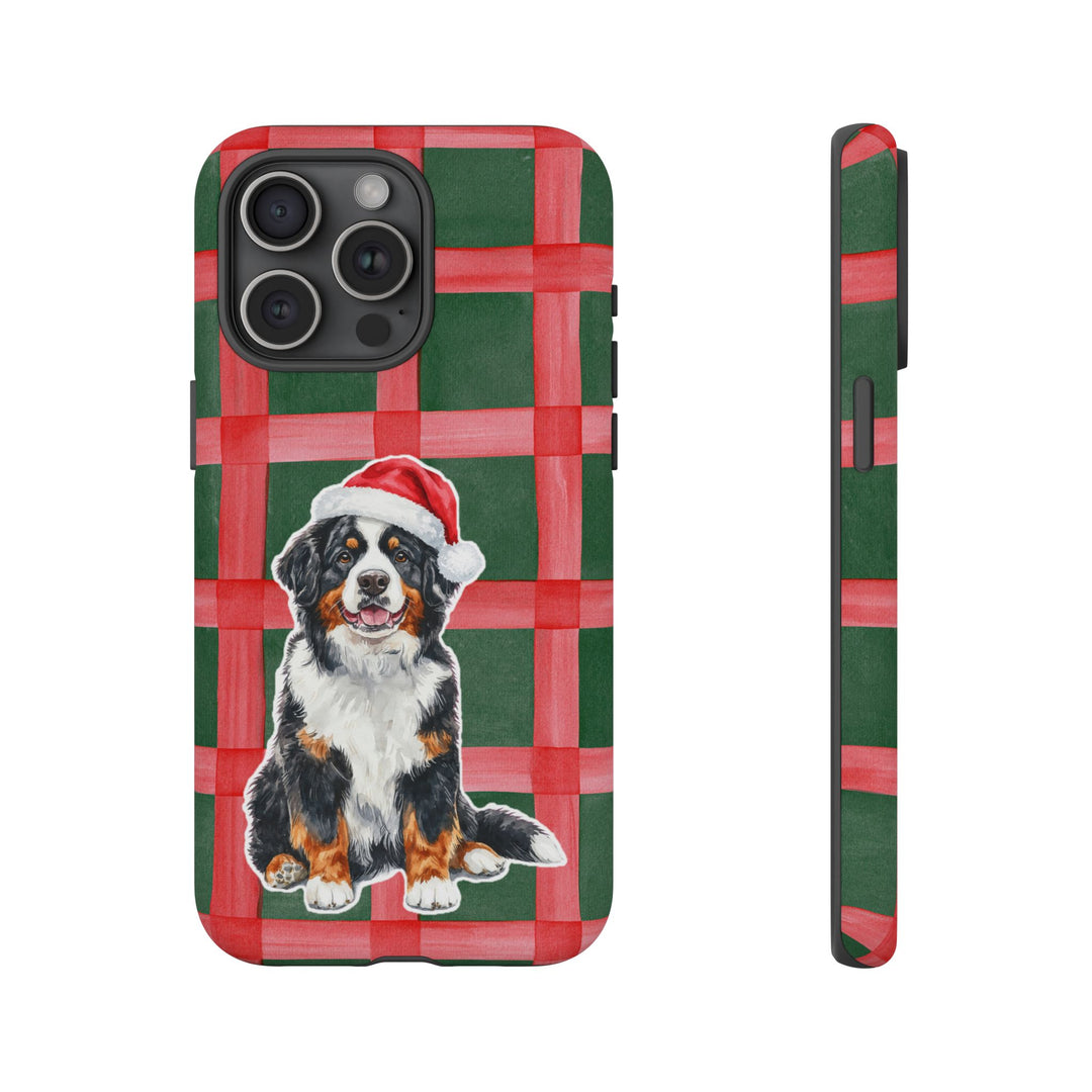 Bernese Mountain Dog Christmas Tough iPhone Case, Red Green Plaid, Santa Dog Phone Cover