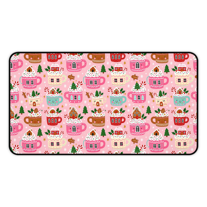 Pink Christmas Cocoa Desk Mat, Gingerbread Mug Desk Pad, Cute Holiday Large Mouse Pad