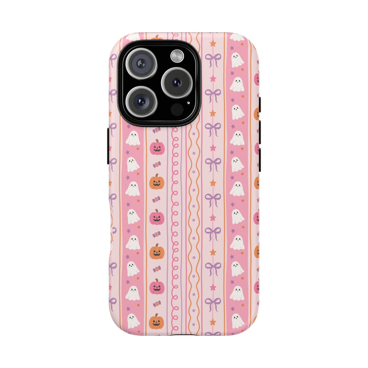 Pastel Halloween Stripe Tough iPhone Case, Pink Ghost Pumpkin Lavender Bow Phone Cover, Matte or Glossy