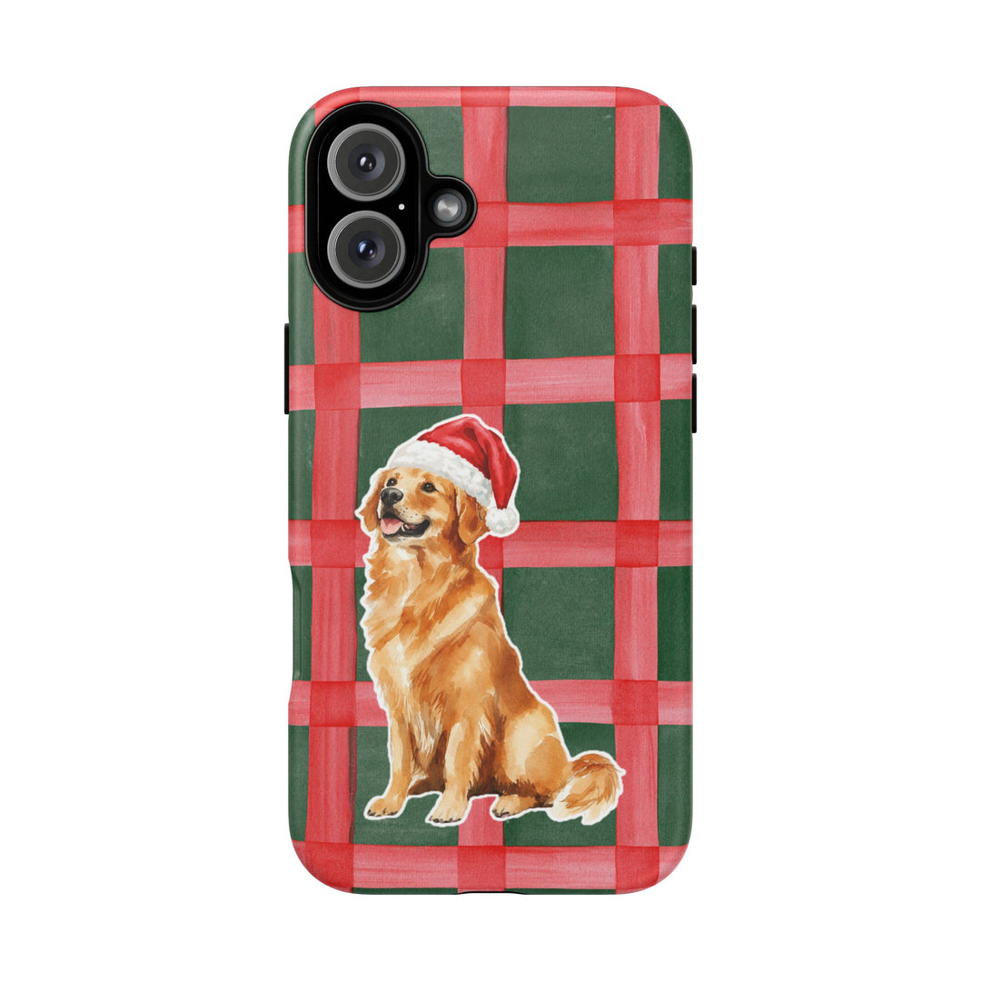 Golden Retriever Christmas Tough iPhone Case, Red Green Plaid, Santa Dog Phone Cover