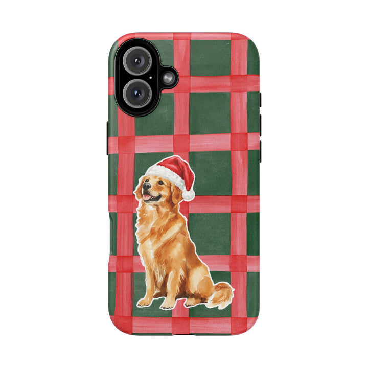 Golden Retriever Christmas Tough iPhone Case, Red Green Plaid, Santa Dog Phone Cover