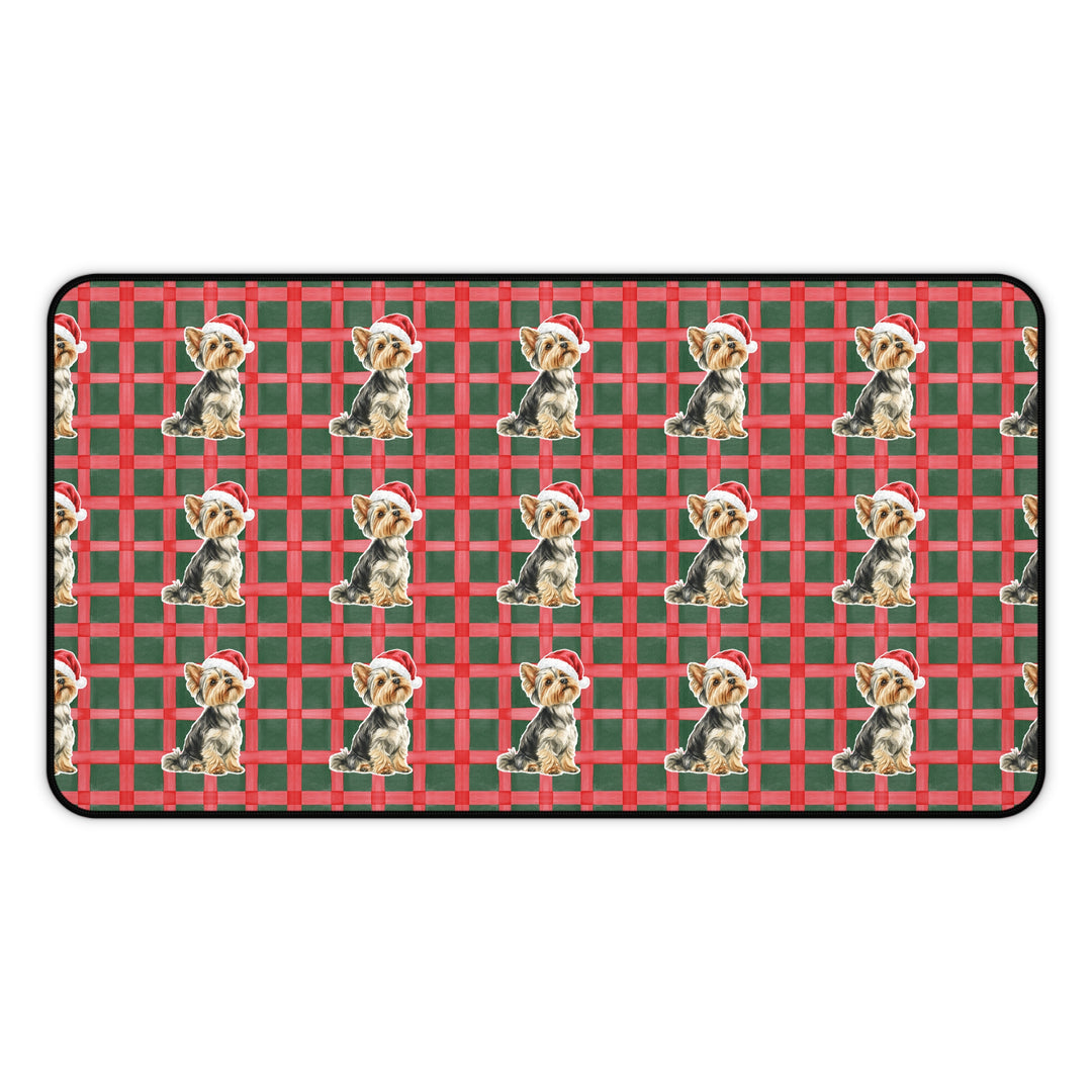 Yorkshire Terrier Christmas Desk Mat, Red Green Plaid, Santa Dog Desk Pad