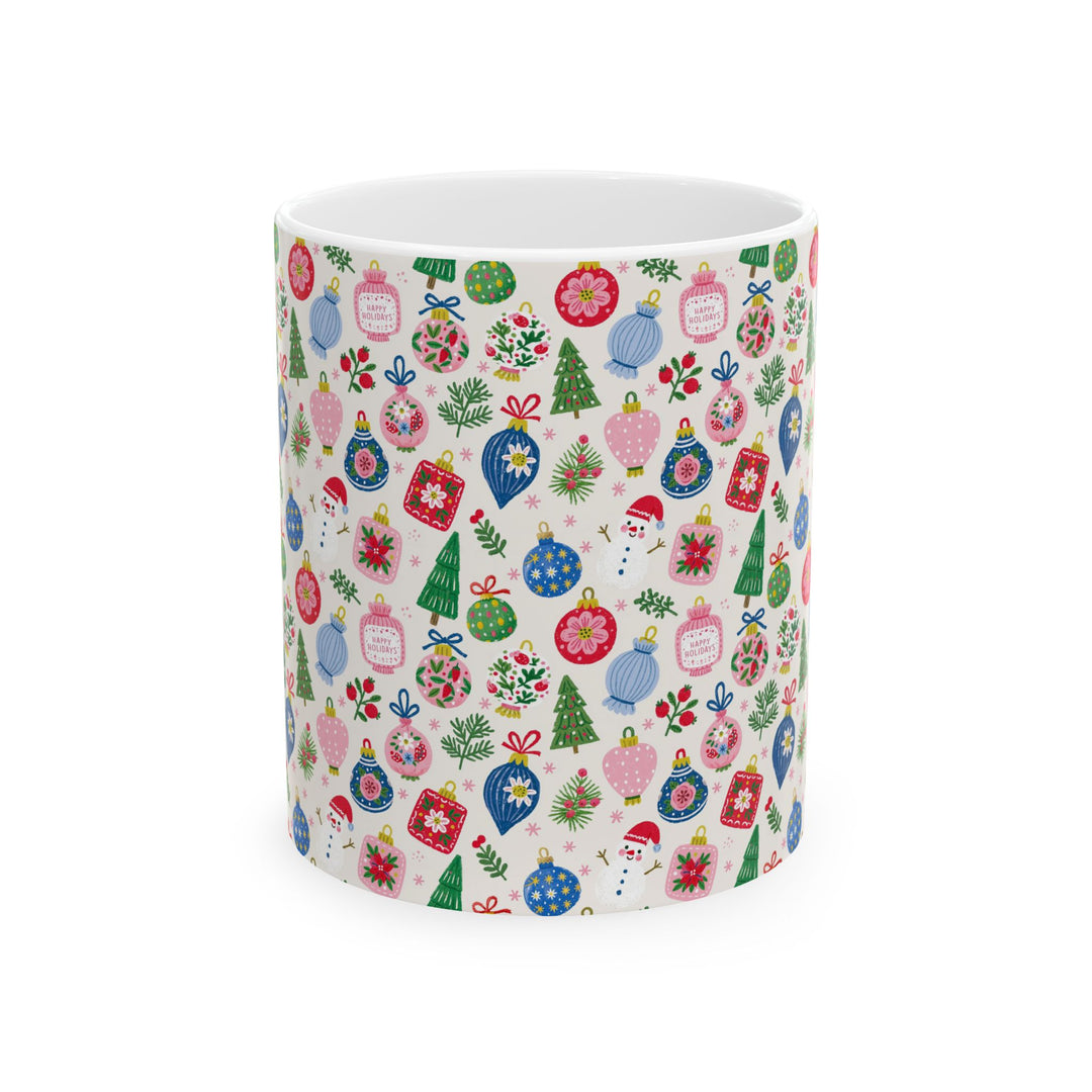 Christmas Ornament Ceramic Mug, Pink Blue Bauble Coffee Cup, Snowman Holiday Cocoa Mug, 11oz and 15oz