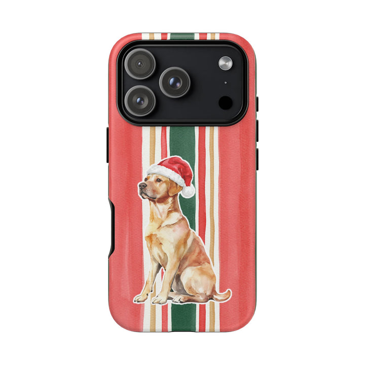 Yellow Labrador Christmas Tough iPhone Case, Classic Red Green Stripes, Santa Dog Phone Cover