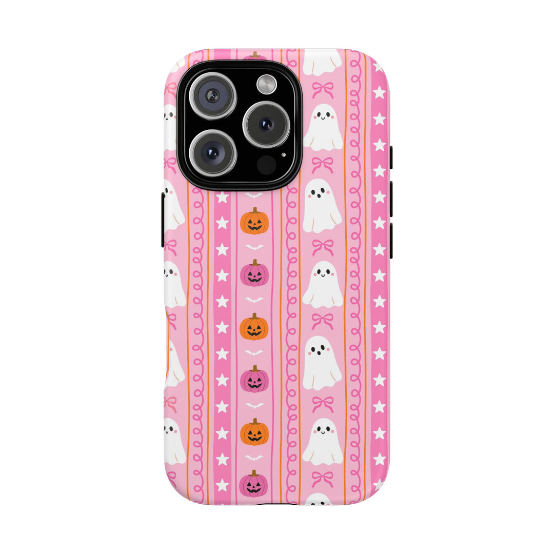 Pink Ghost Stripe Tough iPhone Case, Cute Halloween Pumpkin Bow Phone Cover, Matte or Glossy