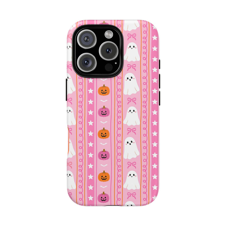 Pink Ghost Stripe Tough iPhone Case, Cute Halloween Pumpkin Bow Phone Cover, Matte or Glossy