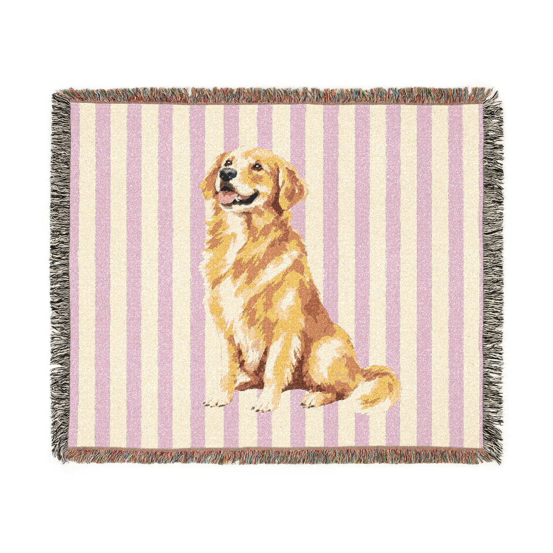 Golden Retriever Woven Blanket, Pink Stripe Cotton Throw, Golden Retriever Mom Gift, 60 x 50