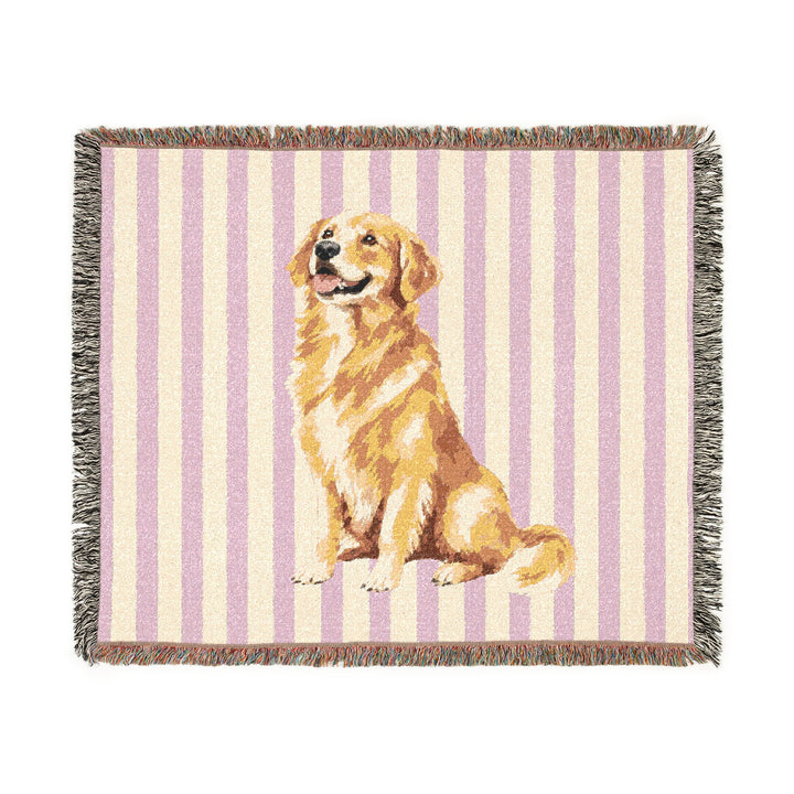 Golden Retriever Woven Blanket, Pink Stripe Cotton Throw, Golden Retriever Mom Gift, 60 x 50