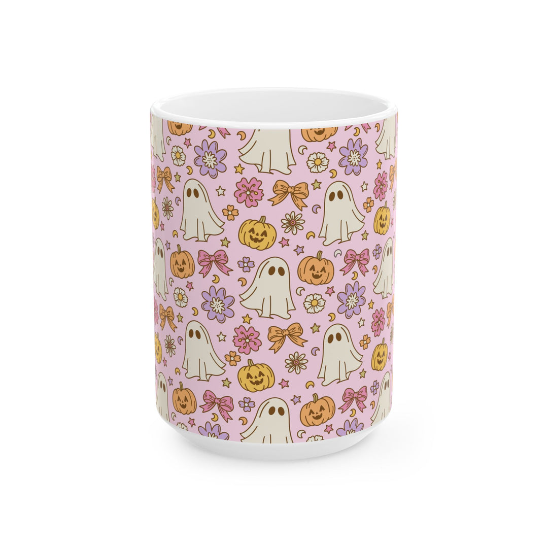 Pink Ghost Bow Ceramic Mug, Floral Pumpkin Halloween Coffee Cup, Cute Pastel Spooky Gift, 11oz and 15oz