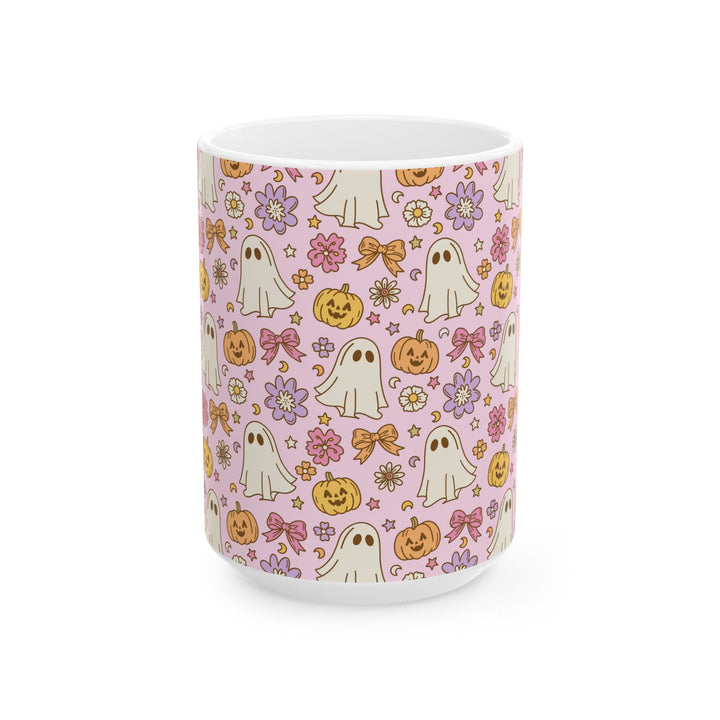 Pink Ghost Bow Ceramic Mug, Floral Pumpkin Halloween Coffee Cup, Cute Pastel Spooky Gift, 11oz and 15oz