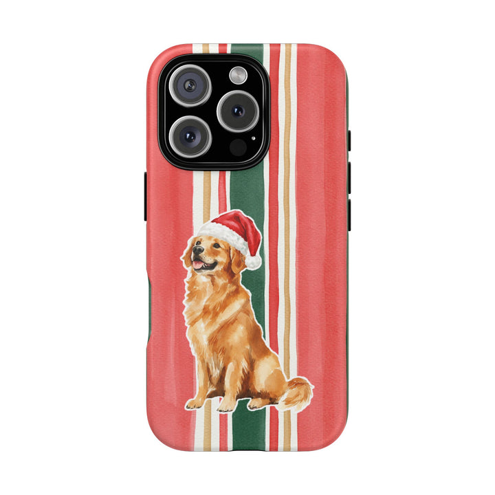 Golden Retriever Christmas Tough iPhone Case, Classic Red Green Stripes, Santa Dog Phone Cover