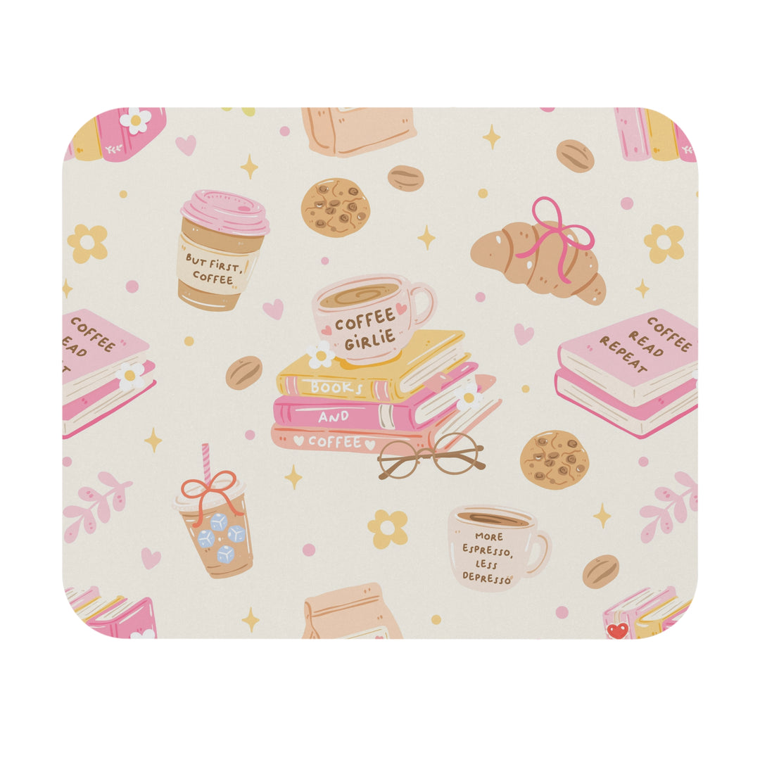 Coffee and Books Mouse Pad, Pastel Pink Bookish Desk Decor, 9x8 Inch, Coffee Lover Gift