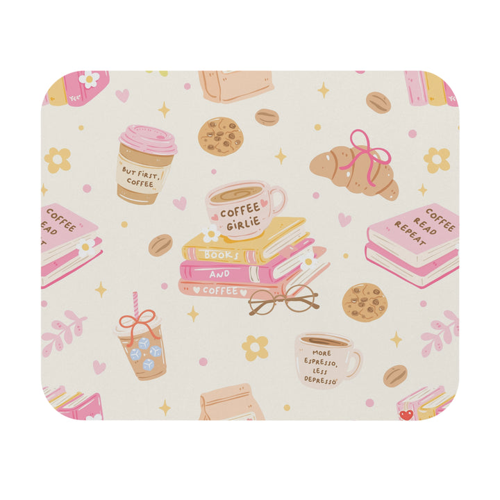 Coffee and Books Mouse Pad, Pastel Pink Bookish Desk Decor, 9x8 Inch, Coffee Lover Gift