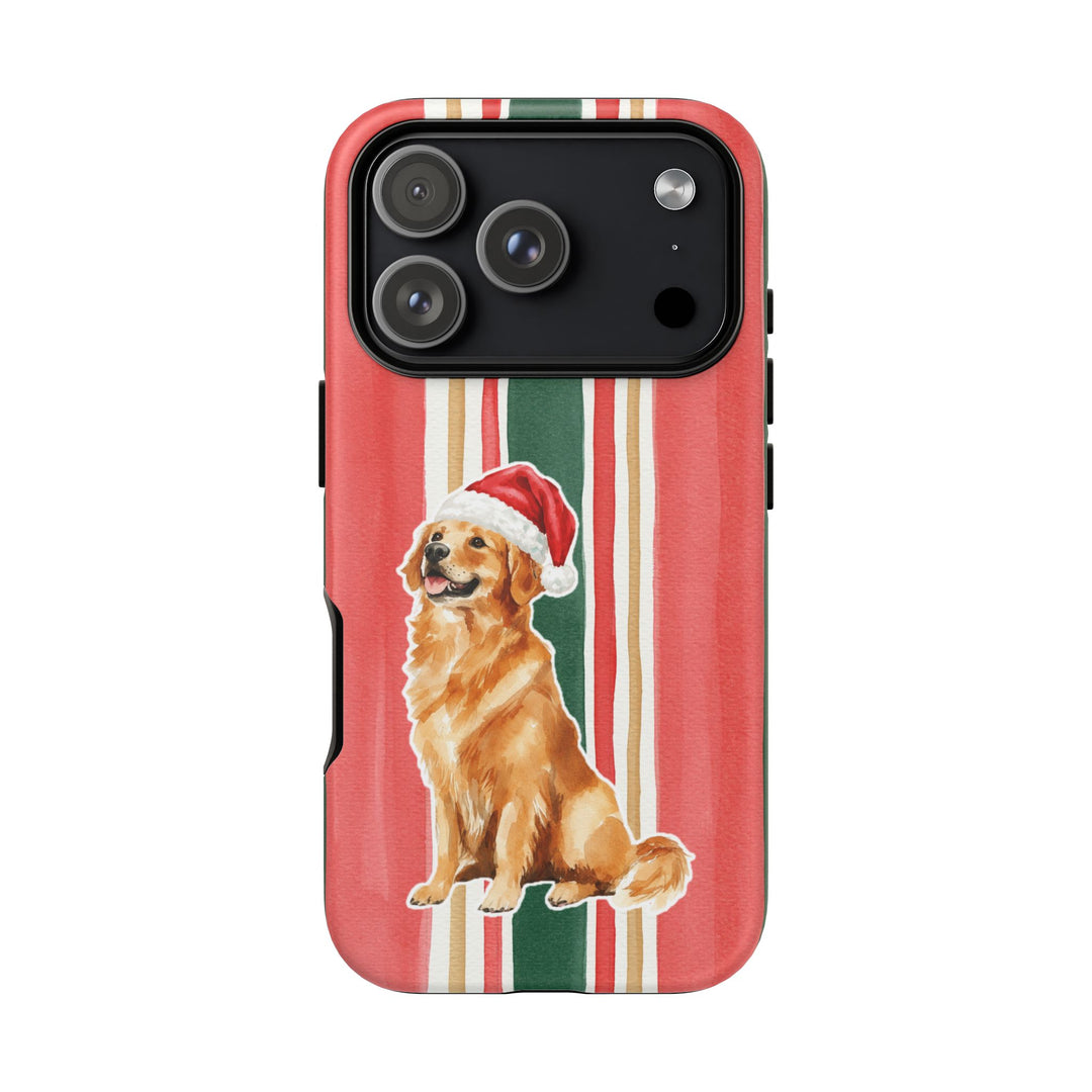 Golden Retriever Christmas Tough iPhone Case, Classic Red Green Stripes, Santa Dog Phone Cover