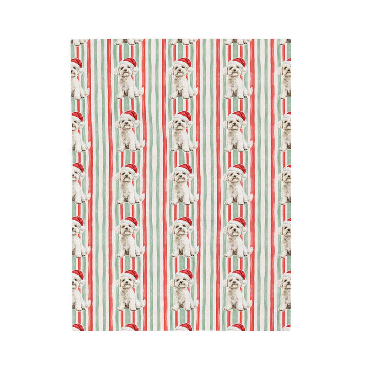 Maltese Christmas Velveteen Plush Blanket, Red Sage Stripes, Santa Dog Throw