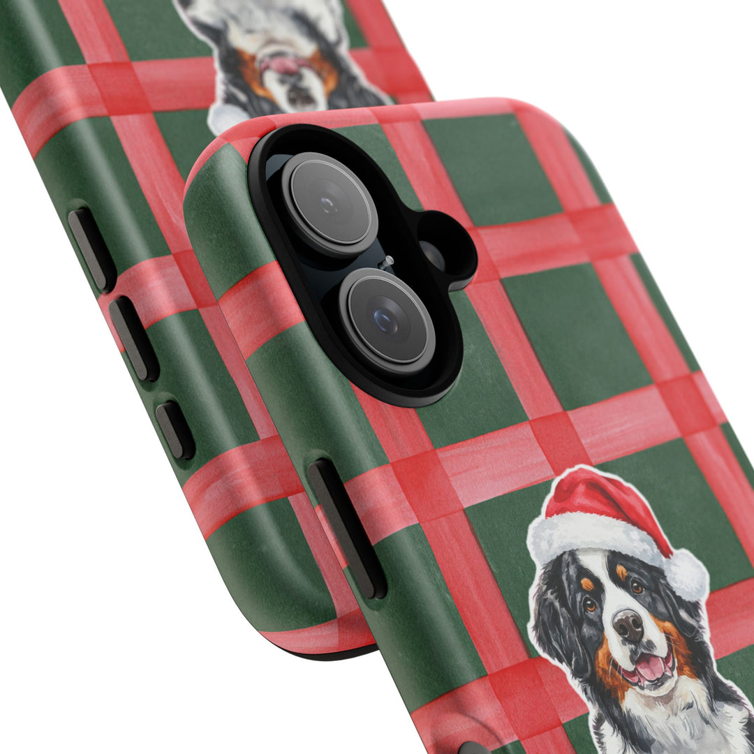 Bernese Mountain Dog Christmas Tough iPhone Case, Red Green Plaid, Santa Dog Phone Cover