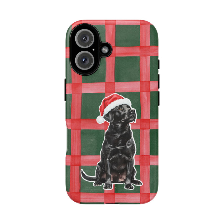 Black Labrador Christmas Tough iPhone Case, Red Green Plaid, Santa Dog Phone Cover