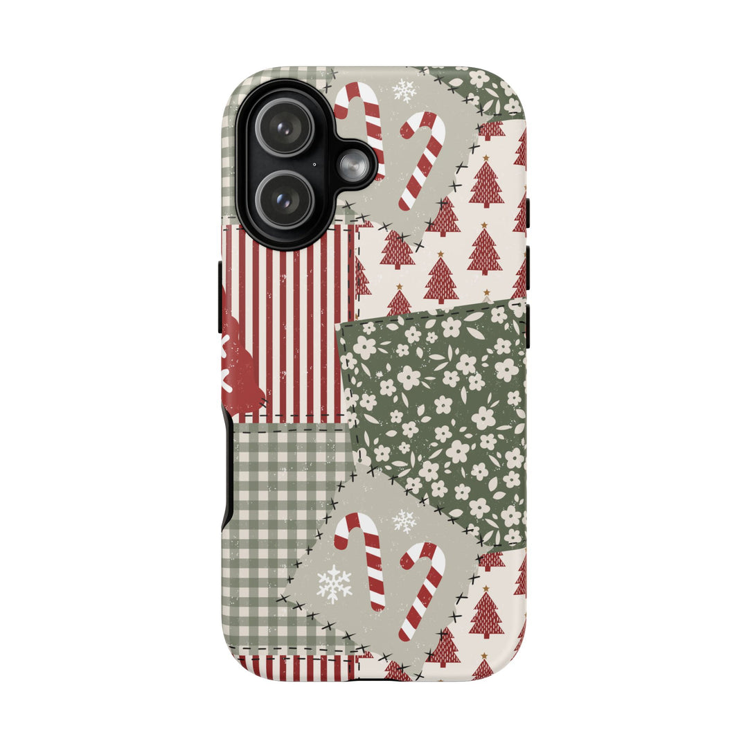 Christmas Patchwork Tough iPhone Case, Red Sage Floral Gingham Holiday Phone Cover, Matte or Glossy