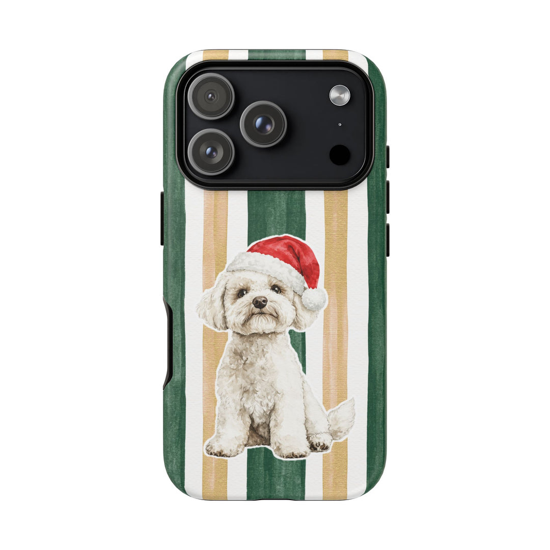 Maltese Christmas Tough iPhone Case, Green Gold Stripes, Santa Dog Phone Cover