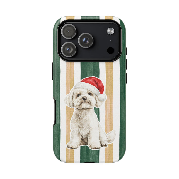 Maltese Christmas Tough iPhone Case, Green Gold Stripes, Santa Dog Phone Cover