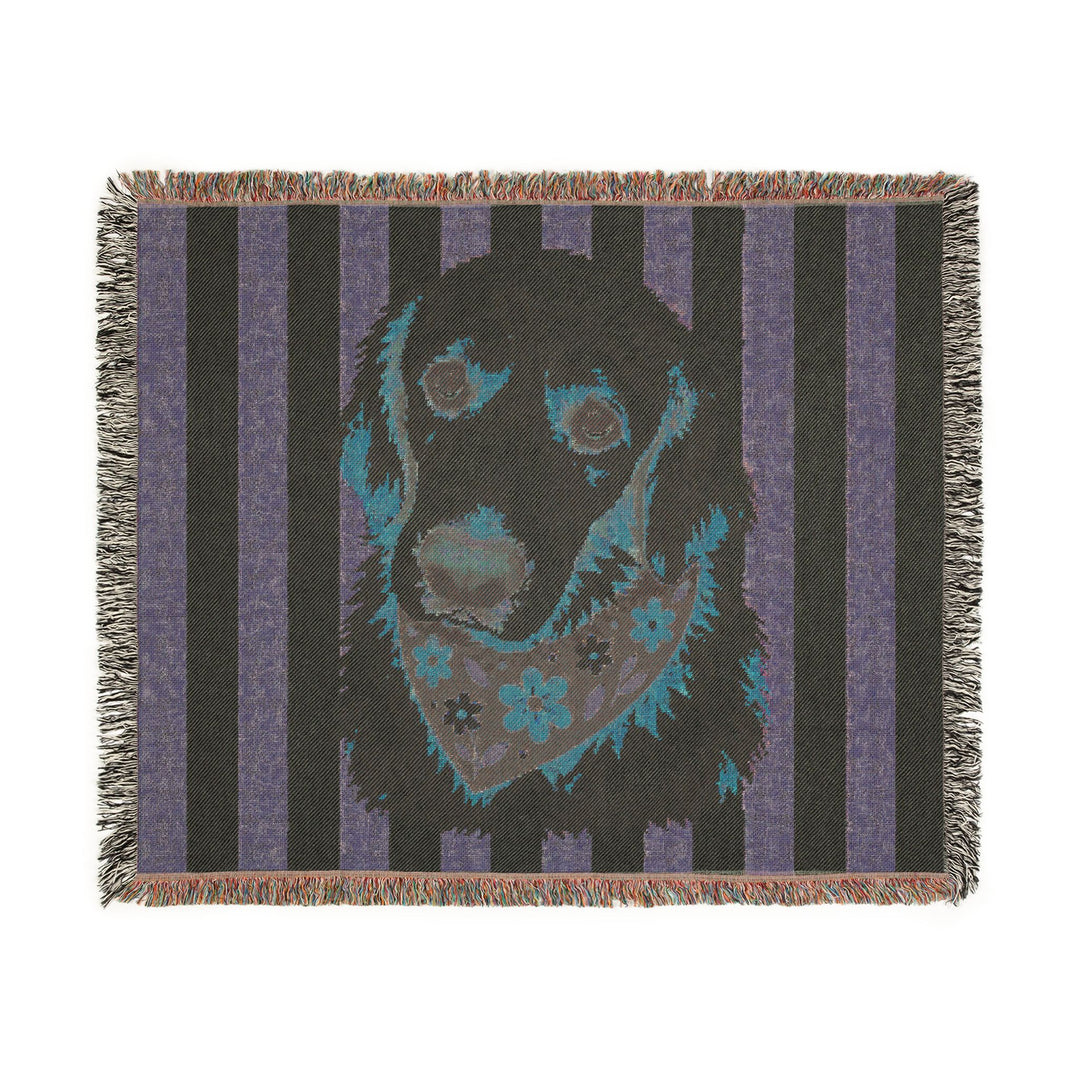 Custom Dog Portrait Woven Blanket - Sage Green and Cream Stripes, Floral Bandana Pet Throw, 60 x 50