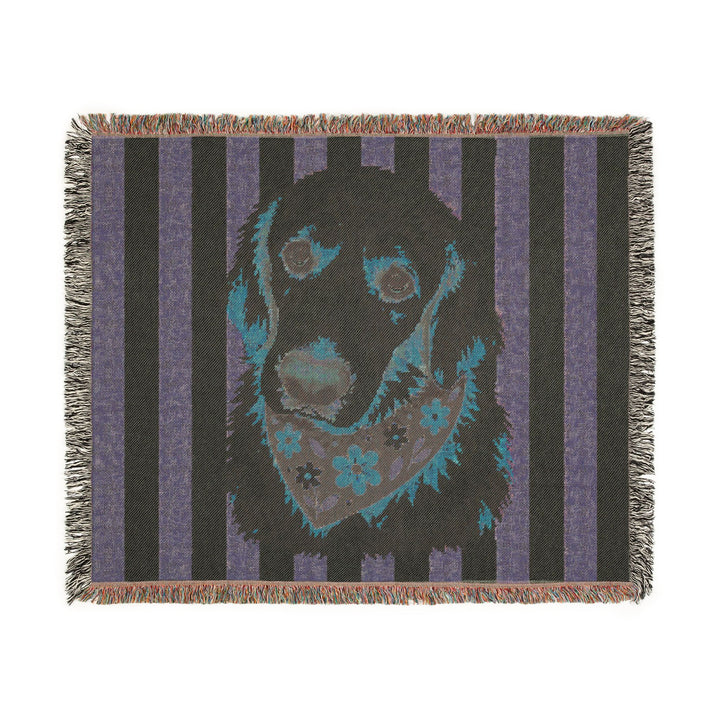 Custom Dog Portrait Woven Blanket - Sage Green and Cream Stripes, Floral Bandana Pet Throw, 60 x 50
