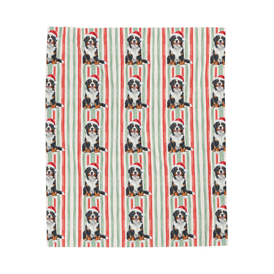 Bernese Mountain Dog Christmas Velveteen Plush Blanket, Red Sage Stripes, Santa Dog Throw