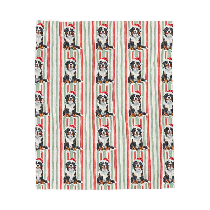 Bernese Mountain Dog Christmas Velveteen Plush Blanket, Red Sage Stripes, Santa Dog Throw