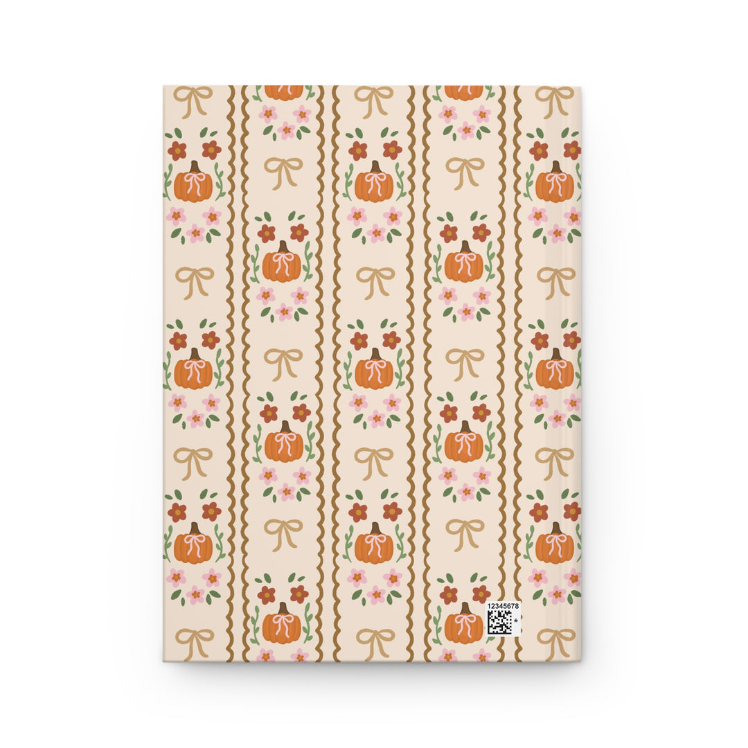 Girly Fall Pumpkin Bow Hardcover Notebook, Scalloped Floral Lined Journal, Autumn Stationery Gift