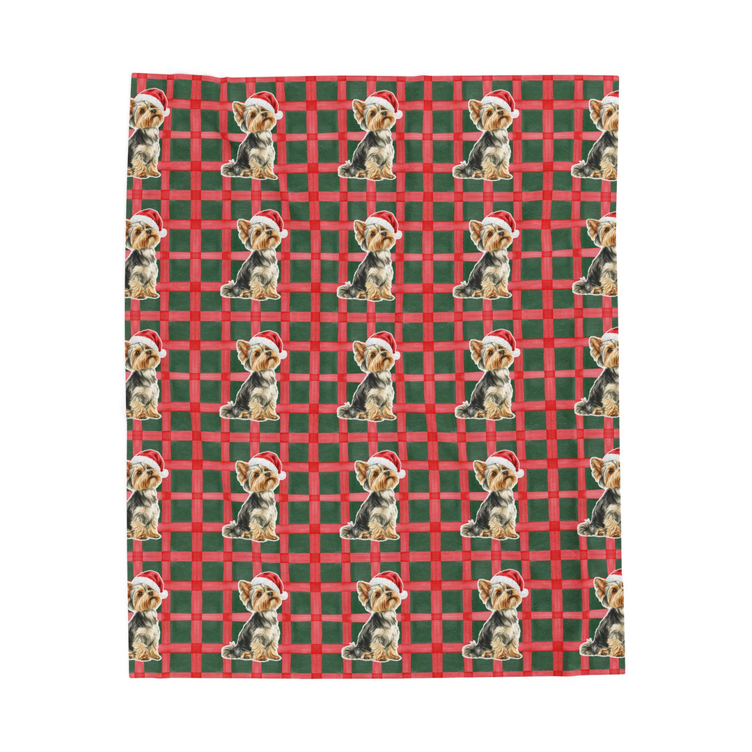 Yorkshire Terrier Christmas Velveteen Plush Blanket, Red Green Plaid, Santa Dog Throw
