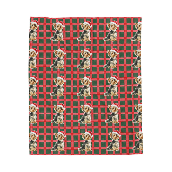 Yorkshire Terrier Christmas Velveteen Plush Blanket, Red Green Plaid, Santa Dog Throw